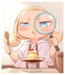 Rule 34 | 1girl, :&lt;, blonde hair, blue eyes, child, commentary request, cup, drooling, food, hood, hoodie, kozato (yu kozato), low twintails, magnifying glass, mug, original, pudding, saliva, short twintails, solo, spoon, twintails, white hoodie, wooden spoon