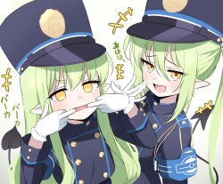 Rule 34 | 2girls, armband, black hat, black jacket, blue archive, blue armband, blush, buttons, commentary, demon tail, donutman, double-breasted, fang, finger in own mouth, gloves, green hair, hat, highres, hikari (blue archive), jacket, long hair, long sleeves, looking at viewer, mouth pull, multiple girls, nozomi (blue archive), open mouth, peaked cap, pointy ears, simple background, skin fang, smile, symbol-only commentary, tail, upper body, white background, white gloves, yellow eyes
