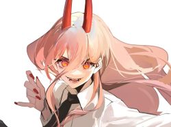 Rule 34 | + +, 1girl, artworks/90821956, bad id, bad pixiv id, bijian de linghun, black necktie, chainsaw man, chinese commentary, collared shirt, commentary, demon horns, dress shirt, eyelashes, fangs, floating hair, hair between eyes, highres, horns, long hair, long sleeves, looking at viewer, nail polish, necktie, open mouth, pink hair, portrait, power (chainsaw man), red eyes, red horns, red nails, sharp teeth, shirt, simple background, smile, solo, teeth, white background, white shirt, wing collar
