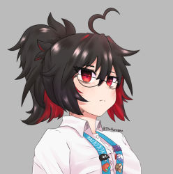 Rule 34 | 1girl, :&lt;, ahoge, bags under eyes, black hair, character badge, character doll, closed mouth, dress shirt, enma-chan, glasses, grey background, high ponytail, highres, hololive, hololive english, kuroyuu, lanyard, long hair, looking at viewer, messy hair, multicolored hair, red eyes, red hair, semi-circular eyewear, shirt, simple background, solo, takodachi (ninomae ina&#039;nis), tsurime, twitter username, two-tone hair, upper body, virtual youtuber, white shirt