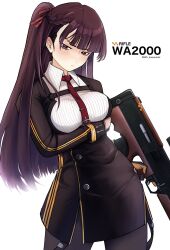 Rule 34 | 1girl, artist name, black gloves, black pantyhose, braid, breast hold, breasts, bullpup, character name, commentary request, cowboy shot, french braid, girls&#039; frontline, gloves, gun, hair ribbon, highres, holding, holding gun, holding weapon, kpl kuzumochi, long hair, looking at viewer, medium breasts, necktie, one side up, pantyhose, purple hair, red eyes, red necktie, ribbon, rifle, sniper rifle, solo, two-tone gloves, wa2000 (girls&#039; frontline), walther, walther wa 2000, weapon, white background, yellow gloves