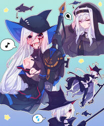Rule 34 | 3girls, arknights, ascot, black ascot, black cape, black coat, black gloves, black headwear, blood, blood on face, blue background, blush, body switch, cape, capelet, closed eyes, closed mouth, coat, commentary request, finger to own chin, fish, gladiia (arknights), gloves, gradient background, grey capelet, habit, hair over one eye, hand on own head, hat, high collar, high heels, highres, holding, holding polearm, holding sword, holding weapon, jewelry, long hair, looking at viewer, multiple girls, multiple views, musical note, necklace, nun, open mouth, orca, outline, pants, personality switch, pointy ears, pointy hat, polearm, red eyes, shark, short hair, sidelocks, single bare shoulder, skadi (arknights), specter (arknights), spoken musical note, spoken squiggle, spoken sweatdrop, squiggle, star (symbol), sweatdrop, sword, swordfish, teeth, tight clothes, tight pants, torn clothes, tricorne, tripping, tsume3mai, weapon, white ascot, white hair, white outline, white pants