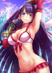 Rule 34 | 1girl, arm up, armpits, bikini, blue eyes, blue sky, blurry, blurry background, blush, breasts, choker, cleavage, cloud, collarbone, commentary request, cowboy shot, cross, cross choker, earrings, elbow gloves, fate/grand order, fate (series), frilled bikini, frills, gauntlets, gloves, grin, groin, hand in own hair, highres, hip focus, jewelry, large breasts, long hair, looking at viewer, martha (fate), martha (swimsuit ruler) (fate), martha (swimsuit ruler) (third ascension) (fate), navel, purple hair, red gloves, sakiyamama, skindentation, sky, smile, solo, sparkle, splashing, stomach, swimsuit, water, water drop, waves, wet, white bikini