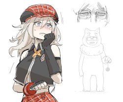 Rule 34 | 1boy, 1girl, alisa ilinichina amiella, asymmetrical gloves, bare shoulders, black gloves, black shirt, blue eyes, blush, breasts, cabbie hat, character request, cosplay, crop top, fingerless gloves, gen 1 pokemon, gloves, god eater, god eater burst, grey hair, hair between eyes, hat, hypno, hypno (cosplay), kankan33333, large breasts, long hair, parted lips, pendulum, plaid, plaid skirt, red headwear, red skirt, shirt, simple background, single fingerless glove, skirt, solo focus, underboob, white background, wide-eyed, wing collar
