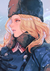Rule 34 | 1girl, black gloves, blonde hair, blue eyes, capcom, from side, fur hat, gloves, hand on own chest, hat, hungry clicker, kolin, long hair, parted lips, pink lips, portrait, solo, street fighter, street fighter v, ushanka, wavy hair, winter clothes