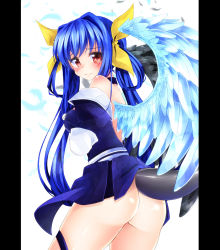 Rule 34 | 1girl, arc system works, ass, asymmetrical wings, bare shoulders, black feathers, blue hair, blush, bow, choker, dizzy (guilty gear), feathers, from behind, guilty gear, hair bow, highres, hinagesi1206, long hair, looking at viewer, looking back, navel, no panties, pillarboxed, red eyes, ribbon, solo, tail, tears, thighhighs, twintails, wings