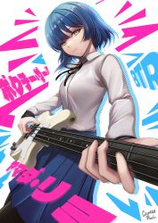 Rule 34 | 1girl, absurdres, bass guitar, black ribbon, blue hair, bocchi the rock!, caiman pool, collared shirt, hair ornament, highres, holding, holding instrument, instrument, long sleeves, mole, mole under eye, music, neck ribbon, playing instrument, pleated skirt, ribbon, shirt, shirt tucked in, short hair, skirt, solo, white shirt, yamada ryo, yellow eyes