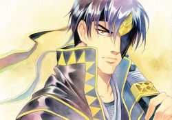 Rule 34 | agahari, bad id, bad pixiv id, eyepatch, gensou suikoden, gensou suikoden v, georg prime, headband, male focus, manly, purple hair, short hair, solo, sword, weapon, yellow eyes