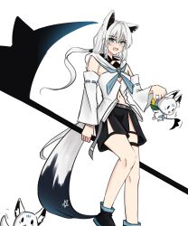 Rule 34 | absurdres, animal ear fluff, animal ears, black shorts, blue neckerchief, blush, braid, breasts, commentary request, commission, detached sleeves, extra ears, fox ears, fox girl, fox tail, green eyes, hair between eyes, highres, holding, holding scythe, hololive, hood, hoodie, long hair, looking at viewer, midriff, navel, neckerchief, open mouth, pentagram, pixiv commission, scythe, shirakami fubuki, shirakami fubuki (1st costume), short shorts, shorts, sidelocks, simple background, single braid, small breasts, sukonbu (shirakami fubuki), tail, virtual youtuber, weapon, white background, white hair, white hoodie, zkzk
