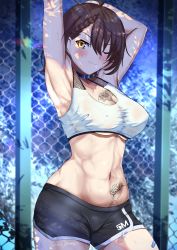 Rule 34 | 1girl, ;), absurdres, ahoge, araimooah, arm behind head, armpits, arms up, azur lane, baltimore (azur lane), baltimore (black ace) (azur lane), bandaid, bandaid on leg, bikini tan, black choker, black shorts, blush, braid, breasts, brown hair, chain-link fence, chest tattoo, choker, cleavage, closed mouth, collarbone, commentary request, covered erect nipples, cowboy shot, dolphin shorts, fence, flower tattoo, french braid, groin, hair between eyes, has bad revision, has downscaled revision, highres, large breasts, looking at viewer, md5 mismatch, midriff, navel, one eye closed, resolution mismatch, revision, shade, short hair, short shorts, shorts, sidelocks, smile, solo, source smaller, sports bra, standing, stomach, stomach tattoo, stretching, sweat, tan, tanline, tattoo, tight clothes, toned, underboob, white sports bra, yellow eyes