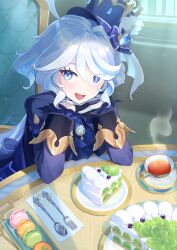 Rule 34 | 1girl, ascot, asymmetrical gloves, black gloves, blue ascot, blue eyes, blue hair, blue hat, blue jacket, blush, cake, cake slice, commentary request, cowlick, cup, food, fork, furina (genshin impact), genshin impact, gloves, hair between eyes, hat, heterochromia, highres, indoors, interlocked fingers, jacket, kura xx meme, light blue hair, long hair, long sleeves, looking at viewer, mismatched gloves, multicolored hair, open mouth, own hands together, plate, sitting, smile, solo, spoon, steam, streaked hair, table, tea, teacup, top hat, white gloves, white hair