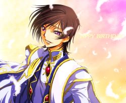 Rule 34 | 00s, 1boy, bad id, bad pixiv id, black hair, c (rahit), code geass, english text, face, feathers, gradient background, lelouch vi britannia, magukappu, male focus, pink background, purple eyes, rahit, short hair, simple background, solo, wind, yellow background