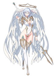 Rule 34 | 1girl, absurdres, angel, armor, blue eyes, blue hair, boots, breasts, center opening, covered navel, feathered wings, full body, gem, gluteal fold, hair between eyes, halo, head wings, highleg, highleg leotard, highres, hip focus, hong soon-jae, large breasts, leotard, long sleeves, looking at viewer, multiple wings, original, short hair, shoulder armor, simple background, solo, staff, standing, thigh boots, thighhighs, white background, white leotard, white theme, white thighhighs, white wings, wings