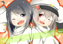 Rule 34 | 10s, 2girls, admiral (kancolle), bad id, bad pixiv id, black eyes, black hair, collaboration, fang, female admiral (kancolle), grey hair, hat, kantai collection, katori (quietude), little girl admiral (kancolle), multiple girls, nuu (nu-nyu), one eye closed, open mouth, original, purple eyes, short hair, smile, wink, aged down