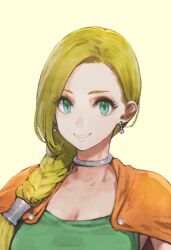 Rule 34 | 1girl, bianca (dq5), blonde hair, blue eyes, braid, cape, commentary, dragon quest, dragon quest v, dress, earrings, eyelashes, eyes visible through hair, green dress, hair behind ear, hair over shoulder, jewelry, jun (navigavi), light blush, long hair, looking at viewer, neck ring, orange cape, parted lips, simple background, single braid, sleeveless, sleeveless dress, smile, solo, swept bangs, upper body, yellow background