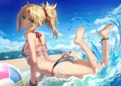Rule 34 | 1girl, ass, bare shoulders, beach, bikini, black bikini, blonde hair, blue sky, blush, braid, breasts, fate/apocrypha, fate/grand order, fate (series), french braid, green eyes, grin, hair ornament, hair scrunchie, highres, long hair, looking at viewer, mordred (fate), parted bangs, ponytail, red scrunchie, scrunchie, side-tie bikini bottom, sidelocks, sky, small breasts, smile, solo, swimsuit, thighs, tonee