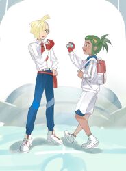 Rule 34 | 2boys, :d, ahoge, alternate costume, backpack, bag, belt, belt buckle, blonde hair, blue pants, buckle, collared shirt, commentary request, creatures (company), eye contact, fanny pack, game freak, gladion (pokemon), gloves, green eyes, green hair, hand on own hip, hand up, hau (pokemon), highres, holding, holding poke ball, long sleeves, looking at another, male focus, multiple boys, nintendo, open mouth, pants, pants tucked in, partially fingerless gloves, poke ball, pokemon, pokemon sm, premier ball, red bag, s67569077, shirt, shoes, short hair, short ponytail, shorts, single glove, smile, standing, white belt, white footwear, white shirt, white shorts
