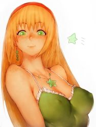 Rule 34 | 1girl, bare shoulders, blonde hair, blush, breasts, cleavage, covered erect nipples, earrings, freckles, fumio (rsqkr), green eyes, jewelry, long hair, looking at viewer, medium breasts, necklace, simple background, smile, solo, star (symbol), star necklace, tank top, white background