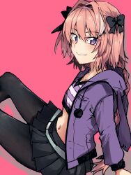 Rule 34 | 1boy, animal ear hood, animal hood, aqua belt, arm support, arms behind back, astolfo (fate), astolfo (memories at trifas) (fate), black pantyhose, crop top, cropped jacket, cropped shirt, fake animal ears, fate/apocrypha, fate/grand order, fate (series), hood, hooded jacket, jacket, light blush, long hair, male focus, midriff, oomori (kswmr), pantyhose, pink background, pleated skirt, pom pom (clothes), purple jacket, shadow, shirt, simple background, sitting, skirt, smile, solo, striped clothes, striped shirt, v-neck