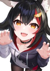 Rule 34 | 1girl, absurdres, animal ear fluff, animal ears, black choker, black hair, black hoodie, black pantyhose, black shorts, choker, claw pose, commentary request, cowboy shot, double-parted bangs, drawstring, hair between eyes, hair ornament, hairclip, hands up, highres, hololive, hood, hood down, hoodie, long hair, long sleeves, looking at viewer, multicolored hair, official alternate costume, ookami mio, ookami mio (casual), pantyhose, paw print, paw print pattern, red hair, short shorts, shorts, sidelocks, simple background, solo, standing, streaked hair, tail, tail around own leg, tail wrap, tataki worker, transparent background, two-tone hoodie, virtual youtuber, white hoodie, wolf ears, wolf girl, wolf tail, yellow eyes
