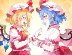 Rule 34 | 2girls, 60mai, ascot, bat wings, blonde hair, blue hair, closed mouth, cowboy shot, crystal, fang, flandre scarlet, hat, hat ribbon, looking at another, mob cap, multiple girls, open mouth, red eyes, red ribbon, red shirt, red vest, remilia scarlet, ribbon, shirt, short hair, siblings, sisters, skin fang, smile, standing, touhou, vest, white headwear, white shirt, wings, wrist cuffs, yellow ascot, yellow background