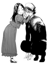 Rule 34 | 1boy, 1girl, alternate costume, alternate headwear, asirpa, black footwear, black hair, black shirt, blush, cheek-to-cheek, closed eyes, closed mouth, commentary request, couple, dog tags, dress, facial scar, from side, full body, golden kamuy, greyscale, hand on another&#039;s face, hand on another&#039;s head, hat, heads together, hetero, hug, kimidake, long dress, long hair, long sleeves, looking at another, monochrome, no headwear, one eye closed, open mouth, pants, parted lips, puffy long sleeves, puffy sleeves, scar, scar on cheek, scar on face, scar on mouth, scar on nose, shirt, shoes, short hair, simple background, sitting, smile, spiked hair, squatting, standing, sugimoto saichi, thick eyebrows, two-tone headwear, white background