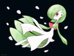 Rule 34 | 1girl, artist name, black background, bob cut, closed mouth, colored skin, creatures (company), expressionless, female focus, flat chest, full body, game freak, gardevoir, gen 3 pokemon, green hair, green skin, hair over one eye, looking to the side, multicolored skin, nintendo, petals, pokemon, pokemon (creature), red eyes, rorosuke, short hair, simple background, solo, twitter username, two-tone skin, white skin
