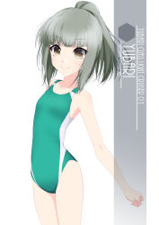 Rule 34 | 1girl, artist name, brown eyes, character name, collarbone, commentary request, competition swimsuit, cowboy shot, eyes visible through hair, flat chest, green one-piece swimsuit, grey hair, highres, inaba shiki, kantai collection, long hair, looking at viewer, one-hour drawing challenge, one-piece swimsuit, ponytail, simple background, smile, solo, standing, swimsuit, white background, yuubari (kancolle)
