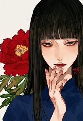 Rule 34 | 1girl, black hair, blue dress, blunt bangs, brown eyes, closed mouth, commission, cropped, dress, fingernails, floral background, flower, half-closed eyes, hand up, highres, kagoya1219, long hair, looking at viewer, original, peony (flower), portrait, red flower, signature, skeb commission, solo, straight-on, straight hair, white background
