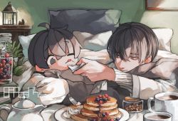 Rule 34 | 2boys, absurdres, ahoge, bed, berry, black eyes, black hair, blackberry (fruit), book, book stack, breakfast, candle, coffee, coffee mug, coffee pot, commentary, cup, facing viewer, fatalbug896, food, food on face, fork, fruit, german commentary, glass, hair between eyes, highres, holding, holding fork, indoors, lantern, licking lips, long sleeves, looking at another, lying, mixed-language commentary, mug, multiple boys, napkin, one eye closed, original, pancake, picture frame, pillow, plant, plate, raspberry, shirt, short hair, signature, sleeves past fingers, sleeves past wrists, smile, tongue, tongue out, under covers, whipped cream, white shirt