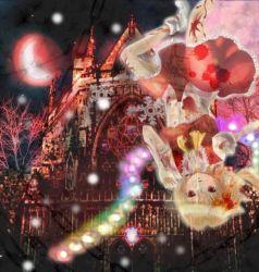 Rule 34 | 1girl, ankle socks, ascot, bad id, bad pixiv id, blonde hair, blood, blouse, bodice, chain, church, corset, crescent moon, dress, flandre scarlet, frilled dress, frilled skirt, frills, mayumi=time, moon, night, night sky, no headwear, no headwear, red eyes, red moon, red shirt, red skirt, shirt, short sleeves, side ponytail, skirt, skirt set, sky, socks, solo, touhou, transparent, tree, upside-down, wings