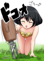 Rule 34 | 10s, 1girl, ^ ^, arm support, black hair, blurry, blurry background, bow swimsuit, closed eyes, commentary, dated, facing viewer, girls und panzer, grass, highres, holding, kneeling, leaning forward, mallet, motion blur, one-hour drawing challenge, one-piece swimsuit, open mouth, shadow, shiina excel, short hair, smile, solo, strapless, strapless one-piece swimsuit, swimsuit, tent peg, thigh gap, twitter username, utsugi yuuki, white background, yellow one-piece swimsuit