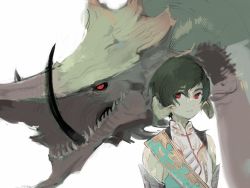 Rule 34 | 1boy, au ra, colored skin, commentary, dragon, dragon horns, dual persona, expressionless, final fantasy, final fantasy xiv, green hair, green skin, highres, horns, looking at viewer, male focus, milka (milk4ppl), red eyes, scales, sharp teeth, short hair, simple background, spoilers, swept bangs, teeth, upper body, varshahn, vrtra, white background