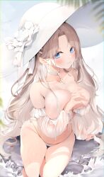 Rule 34 | 1girl, arm between breasts, arm support, azur lane, bare shoulders, between breasts, bikini, bird, blue eyes, blush, breasts, brown hair, choker, cleavage, commentary, covering breasts, covering privates, cross, cross choker, frilled bikini, frills, groin, hat, highres, large breasts, leaf, long hair, long sleeves, looking at viewer, official alternate costume, outdoors, parted bangs, raised eyebrows, see-through, see-through sleeves, shiira (nya rl), side-tie bikini bottom, sitting, solo, string bikini, sun hat, swimsuit, thighs, very long hair, water, wet, white bikini, white choker, white hat, yorktown (azur lane), yorktown ii (azur lane), yorktown ii (bright-sky mermaid) (azur lane)