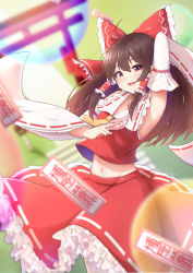 Rule 34 | 1girl, :d, absurdres, anhun, architecture, arm up, armpits, between fingers, blurry, blurry background, blush, bow, breasts, brown hair, collarbone, cowboy shot, depth of field, detached sleeves, east asian architecture, energy ball, hair between eyes, hair bow, hakurei reimu, highres, holding, long hair, looking at viewer, midriff peek, navel, ofuda, open mouth, petticoat, red bow, red eyes, red shirt, red skirt, shirt, skirt, sleeveless, sleeveless shirt, small breasts, smile, solo, standing, torii, touhou, wide sleeves, wind, wind lift