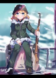 Rule 34 | 1girl, absurdres, artist name, blonde hair, blue sky, blurry, bolt action, boots, box, cloud, coat, combat helmet, cross, day, depth of field, expressionless, full body, fur-trimmed coat, fur trim, gar32, gun, hair between eyes, hand on lap, handrail, helmet, highres, holding, holding weapon, jitome, letterboxed, looking at viewer, mauser 98, military, military uniform, on box, outdoors, rifle, short hair, shoujo shuumatsu ryokou, sitting, sky, smoke, snow, solo, stahlhelm, swept bangs, uniform, weapon, yuuri (shoujo shuumatsu ryokou)