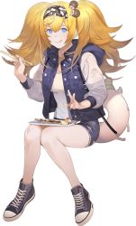 Rule 34 | 1girl, akira (kadokawa), blonde hair, blue eyes, blue shirt, breast pocket, breasts, eating, enemy lifebuoy (kancolle), fish, food, full body, gambier bay (kancolle), hair ornament, hairband, hedgehog, jacket, kantai collection, large breasts, official art, pocket, saury, shirt, shoes, shorts, sneakers, solo, transparent background, twintails