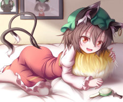 Rule 34 | 1girl, animal ears, barefoot, brown hair, cat ears, cat tail, chen, chen (cat), comb, dior-zi, earrings, fang, fingernails, furball, hair between eyes, hair brush, hat, highres, indoors, jewelry, juliet sleeves, long sleeves, looking at viewer, lying, mob cap, multiple tails, nail polish, on bed, on stomach, open mouth, photo (object), puffy sleeves, red eyes, red nails, red skirt, red vest, sharp fingernails, short hair, single earring, skirt, skirt set, smile, solo, tail, touhou, vest