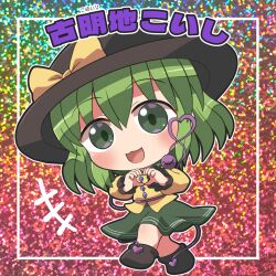 Rule 34 | +++, 1girl, :3, :d, black footwear, black hat, blush, bow, buttons, character name, chibi, commentary request, diamond button, eyes visible through hair, frilled sleeves, frills, green eyes, green hair, green skirt, hair between eyes, hands up, happy, hat, hat bow, heart, heart-shaped ornament, heart hands, heart of string, koishi day, komeiji koishi, long sleeves, looking at viewer, multicolored background, open mouth, puffy long sleeves, puffy sleeves, rokugou daisuke, shirt, simple background, skirt, smile, solo, standing, tareme, third eye, touhou, yellow bow, yellow shirt