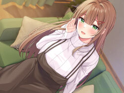 Rule 34 | 1girl, black dress, blunt bangs, blush, breasts, brown hair, couch, curtains, cushion, dress, green eyes, hair between eyes, hair ornament, hairclip, highres, indoors, large breasts, long hair, long sleeves, looking at viewer, non-web source, open mouth, original, plant, potted plant, ribbed sweater, sitting, smile, solo, super nagoyaka, sweater, whispering, white sweater, wooden floor