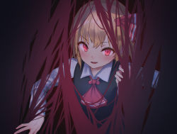 Rule 34 | &gt;:), 1girl, ascot, black vest, blonde hair, blush, commentary request, fang, hair ribbon, long sleeves, looking at viewer, open mouth, red ascot, red eyes, red ribbon, ribbon, roke (taikodon), rumia, shirt, short hair, smile, solo, touhou, upper body, v-shaped eyebrows, vest, white shirt