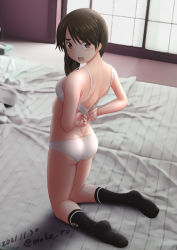 Rule 34 | 1girl, anchor symbol, ass, black socks, bra, braid, brown eyes, brown hair, commentary request, dated, from behind, full body, futon, kantai collection, kneehighs, kneeling, long hair, looking at viewer, moke ro, open mouth, panties, photo background, single braid, socks, solo, teeth, twitter username, underwear, underwear only, upper teeth only, uranami (kancolle), white bra, white panties