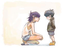 Rule 34 | 1boy, 1girl, age difference, bra, breasts, gorillaz, murdoc niccals, noodle (gorillaz), purple hair, short hair, simple background, small breasts, underwear