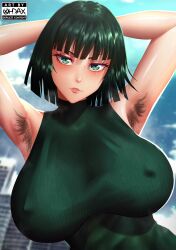Rule 34 | 1girl, armpit hair, armpits, arms behind head, arms up, artist logo, artist name, blunt bangs, breasts, covered erect nipples, dress, eyelashes, female focus, fubuki (one-punch man), green dress, green eyes, highres, huge breasts, looking at viewer, ohdax, one-punch man, parted lips, short hair, sleeveless, turtleneck, turtleneck dress, upper body