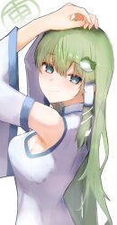 Rule 34 | 1girl, absurdres, blush, breasts, closed mouth, commentary, detached sleeves, frog hair ornament, green eyes, green hair, hair ornament, hair tubes, hands on own head, highres, kochiya sanae, long hair, looking at viewer, medium breasts, pollux368, single hair tube, smile, snake hair ornament, solo, touhou