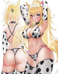 Rule 34 | 1girl, absurdres, ahoge, animal ear fluff, animal ears, animal print, armpits, arms at sides, arms behind head, arms up, ass, bell, bikini, black collar, blonde hair, blue eyes, body markings, breasts, cameltoe, cleavage, collar, commission, cow print, derlyt, evoxy, facial mark, facing away, from behind, gloves, hair between eyes, heterochromia, highres, indie virtual youtuber, large breasts, legs apart, long hair, looking at viewer, multicolored hair, multiple views, navel, neck bell, o-ring, o-ring bikini, pink hair, ponytail, print bikini, print gloves, print thighhighs, purple eyes, simple background, standing, streaked hair, sweat, swimsuit, tail, thighhighs, thighs, thong bikini, two-tone hair, virtual youtuber, white background