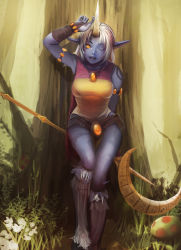 Rule 34 | 1girl, against tree, blue skin, colored skin, highres, hooves, horns, image sample, jewelry, la ciero (pixiv), league of legends, lots of jewelry, md5 mismatch, one eye closed, open mouth, pixiv sample, pointy ears, single horn, solo, soraka (league of legends), staff, tree, wide hips, wink, yellow eyes