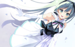Rule 34 | 1girl, :d, armpits, black hairband, black ribbon, blue hair, cowboy shot, dress, elbow gloves, floating hair, gloves, green eyes, hair between eyes, hairband, hatsune miku, highres, long hair, looking at viewer, miku symphony (vocaloid), momoiito, neck ribbon, open mouth, pleated dress, ribbon, sleeveless, sleeveless dress, smile, solo, standing, twintails, very long hair, vocaloid, white background, white dress, white gloves