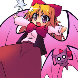 Rule 34 | 1girl, :3, bat wings, blonde hair, bow, elis (touhou), female focus, highly responsive to prayers, long hair, open mouth, pointy ears, purple eyes, solo, touhou, touhou (pc-98), tsuboraa, vest, wand, wings