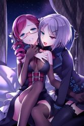 Rule 34 | 2girls, bed, belt, blue eyes, blush, breasts, glasses, heterochromia, indoors, iri flina, lowres, multiple girls, night, open mouth, red eyes, red hair, short hair, sitting, skirt, thighhighs, tongue, tongue out, vernika answer, white hair